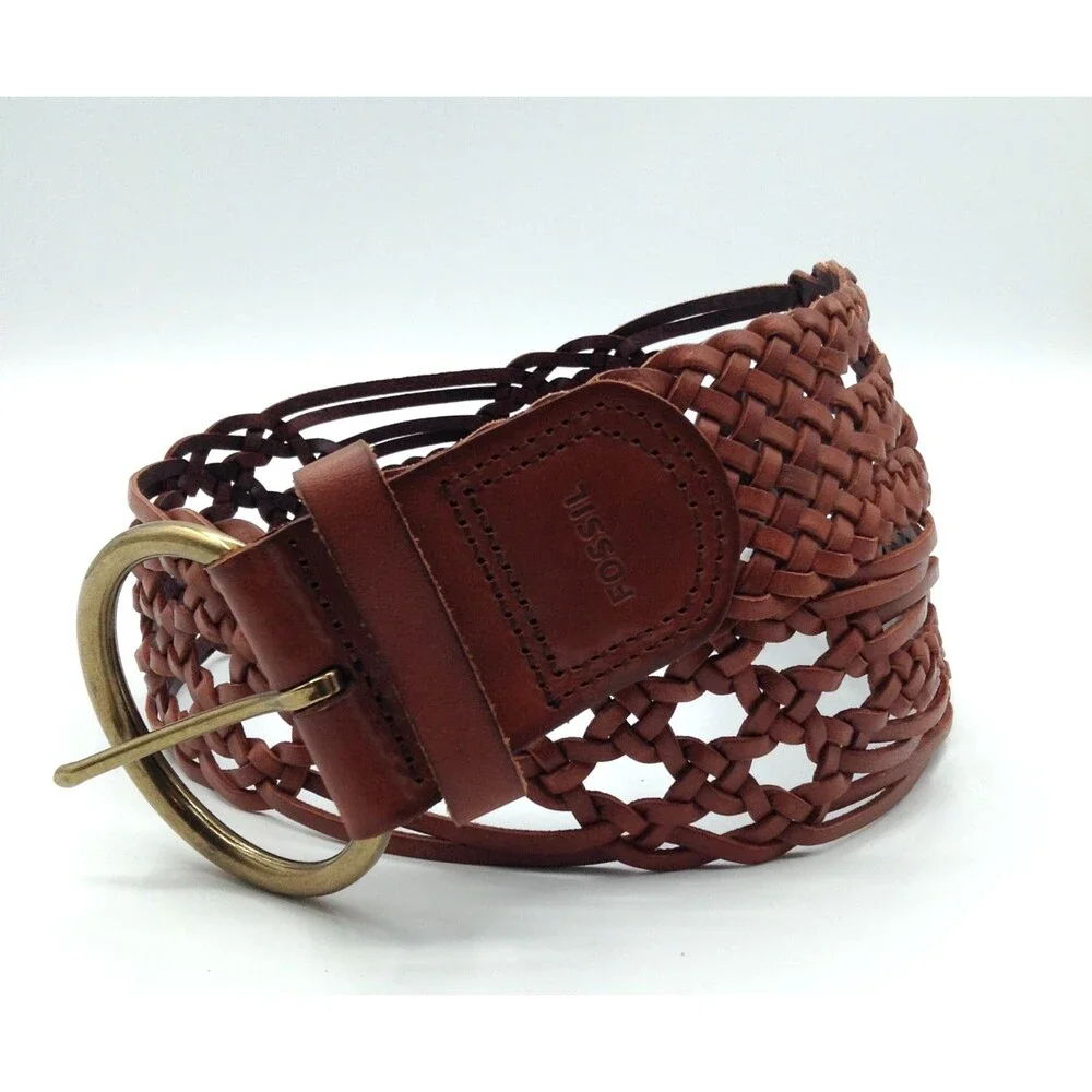 Fossil Belt Wn S Brown Leather Braided Woven Brass Buckle Boho Hippie Western